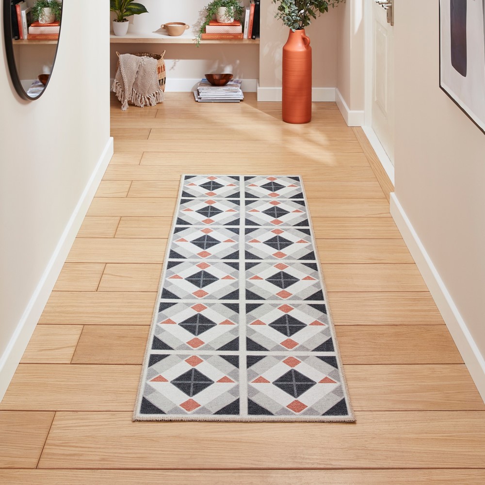 Victoria H1190 Modern Geometric Washable Runner Rugs in Grey Orange